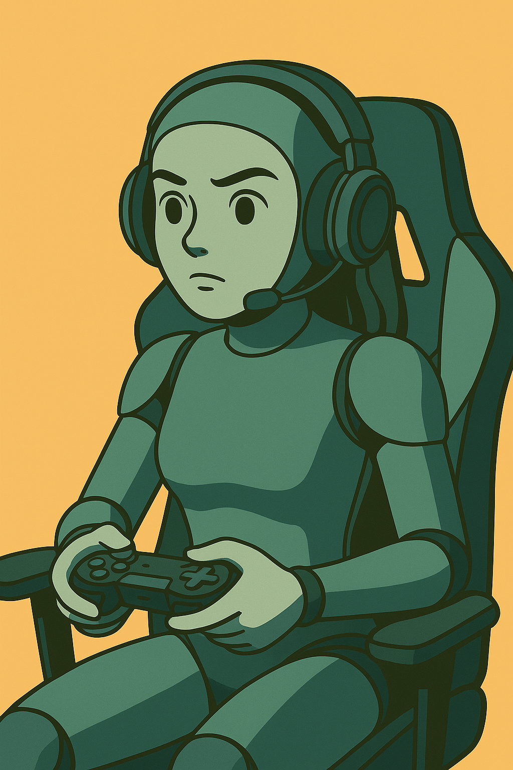 Mini Vara gaming in a chair with headset and controller