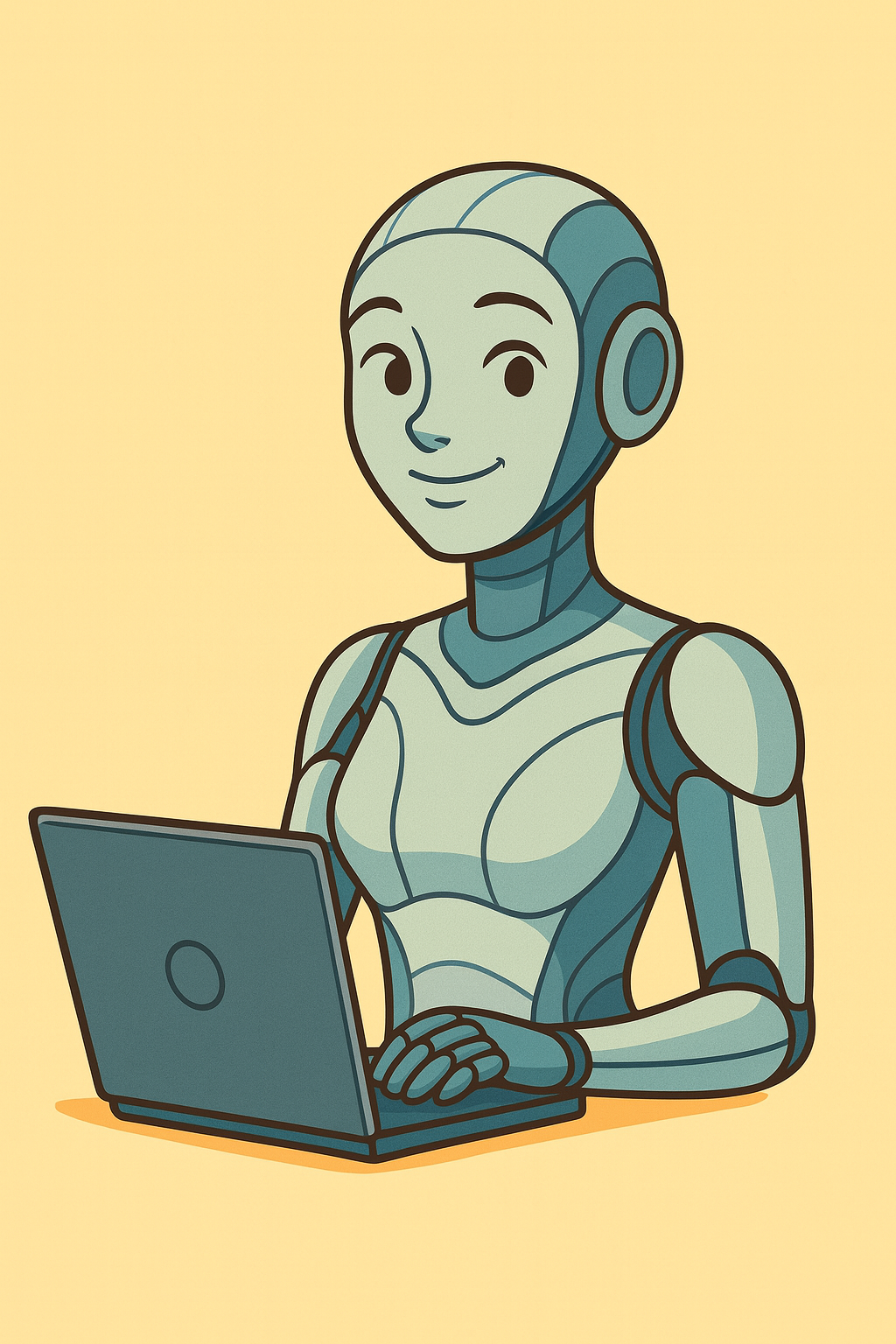 Mini Vara sitting at a laptop, ready to help